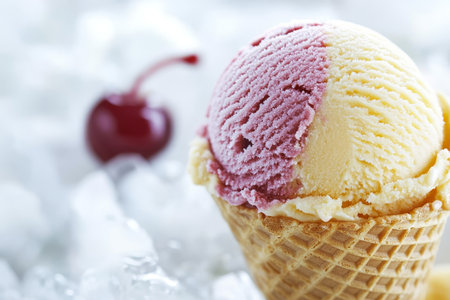 Delicious Dessert Cones Filled with Mixed Flavor Gelato, a Perfect Sweet Treat for Any Occasion.の素材
