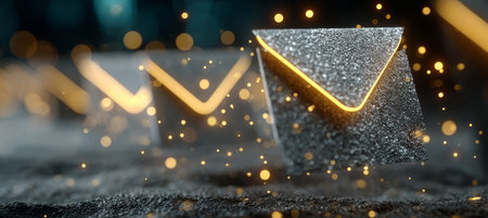 Shimmering Envelopes Hover in a Dark Cyberspace, Creating a Magical Digital Communication Networkの素材