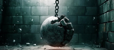 Wrecking Ball Crashes Through Dark Brick Walls, Symbolizing Destruction and New Beginningsの素材