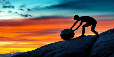 Silhouette of a Determined Man Struggling to Push a Heavy Boulder Uphill Against a Stunning Sunsetの素材