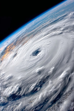 Stunning Aerial View of Hurricane Forming Over the Ocean, Captivating Clouds and Nature s Furyの素材