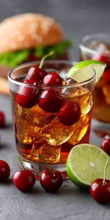 Refreshing Beverage with Cherries and Limes Alongside a Juicy Burger, Perfect Summer Aperitifの素材