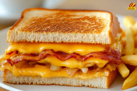Mouthwatering Grilled Cheese and Bacon Sandwich with Sweet Caramelized Onions and Crispy Friesの素材
