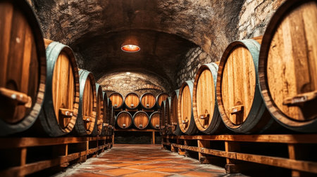 Charming view of rows of oak wine casks in an old winery cellar, perfect for wine enthusiasts.の素材