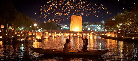 Magical boat ride under vibrant lanterns on a serene night during a traditional celebration event.の素材