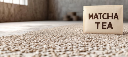 Minimalist Brown Matcha Tea Bag in Paper Pouch Creating Calmness, Organic and Earth Tones Designの素材