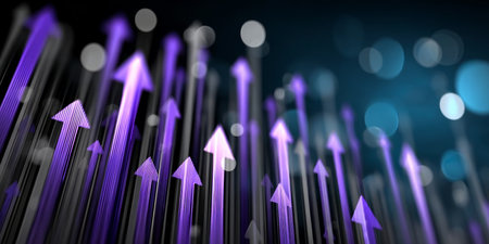 Dynamic Abstract Visualization with Purple Glowing Arrows Pointing Upward Towards a Brighter Futureの素材