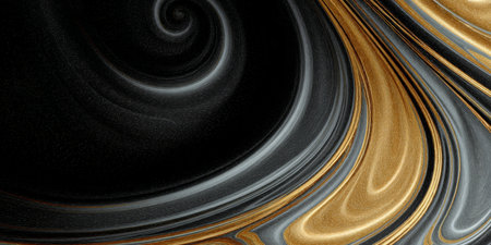 Elegant Gold Swirls on Rich Black Background, Abstract Art with Flowing Curves and Metallic Accentsの素材