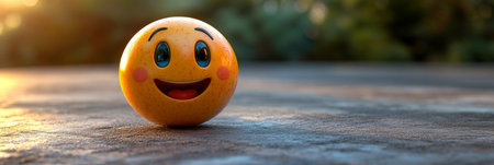 Cheerful 3D Emoji Face Rendered on a Textured Table with Sunlight Illuminating the Scene Perfectlyの素材