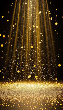 Elegant Gold Stage with Radiant Lights and Sparkles for a Magical Celebration Atmosphere and Joyの素材
