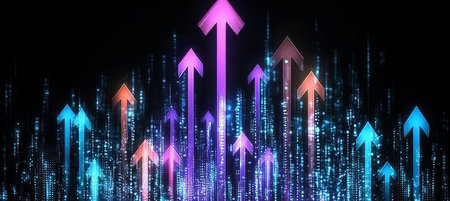 Futuristic Digital Landscape with Purple Arrows Indicating Growth, Progress, and Innovationの素材