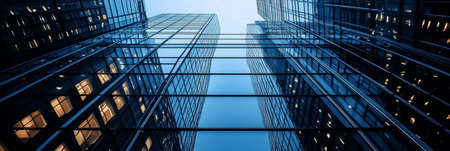 Stunning Cityscape at Dusk Majestic Skyscrapers with Glass Facades and Contemporary Architectureの素材