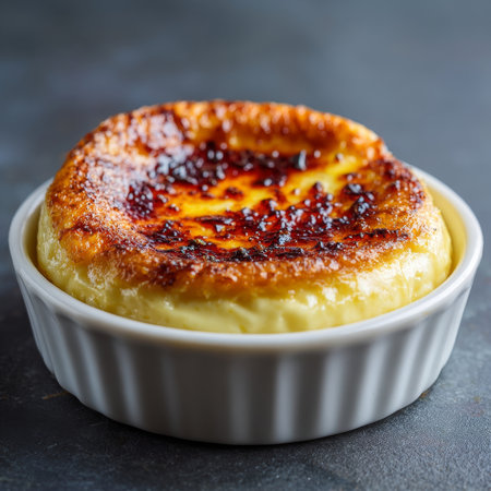 Delicious Single Serving Custard Dessert with Smooth Caramelizing Sauce on a Beautiful Plateの素材