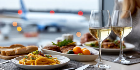 Elegant High Class Dinner Affair Near an Airstrip Featuring Tasty Entrees and Premium White Wineの素材