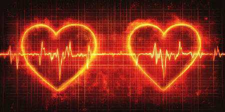 Two Electric Hearts Symbolizing Love, Linked Heart Beats on Fire in a Vibrant Gradient Backgroundの素材