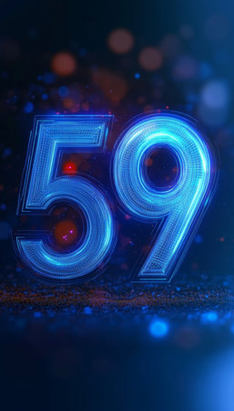 Futuristic Digital Glowing Number 59 on Abstract Technology Background with Blue Particles and Bokehの素材