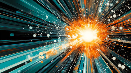 Dynamic Radiant Energy Burst with Focused Beams and Colorful Bokeh Spheres in Modern Designの素材