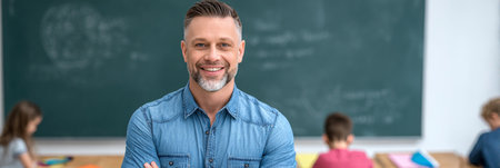 Cheerful and Handsome Teacher Engaging Students in Classroom with Chalkboard During Lesson in 2024の素材