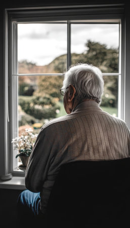 Contemplative Elderly Man Gazing Out of Window, Reflecting on Life s Journey and Experiencesの素材