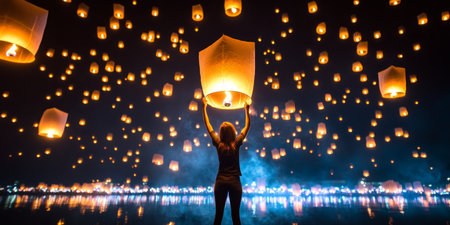 Captivating Festival of Lights Enchanting Lanterns Floating in the Night Sky, Illuminating Dreamsの素材