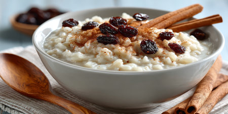 Delicious Creamy Rice Pudding Bowl for Dessert, Sweet Treat Topped with Cinnamon and Raisins Delightの素材