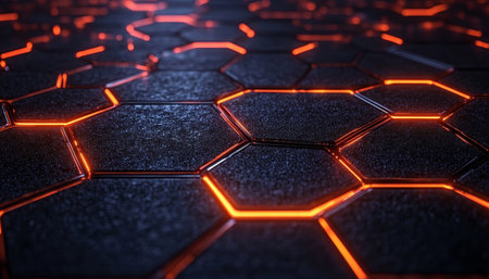 Futuristic High-Tech Dark Cell Surface with Vibrant Red Neon Edges in a Honeycomb Pattern Designの素材