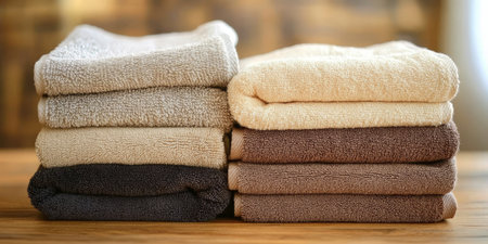 Absorbent Towels Neatly Stacked for Everyday Use in Harmonious Neutral Colors Showcasing Softnessの素材