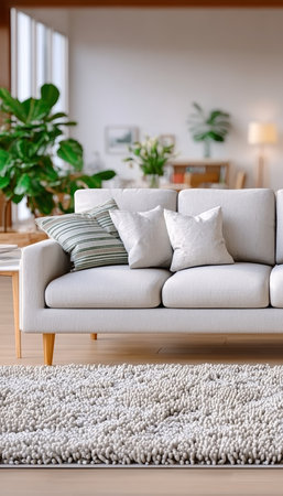 Scandinavian Living Room Design with Cozy Sofa, Plush Rug, and Stylish Mid-Century Furnitureの素材