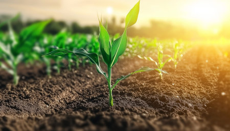 Close-up of Lush Green Corn Stalks in a Newly Plowed Field at Sunset, Promising a Bountiful Harvestの素材