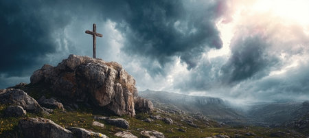 Dramatic Passion View of Ominous Heavy Skyscape Over Calvary Hill Symbolizing the Crucifixionの素材