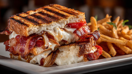 Mouthwatering Grilled Sandwich with Melted Cheese, Bacon, and Sauteed Onions Served with Friesの素材