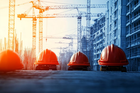 Orange Safety Hats Worn by Workers at a Busy City Construction Site Representing Urban Developmentの素材