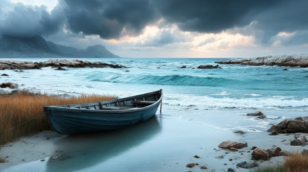 Serene Coastal Scene Featuring an Abandoned Boat on a Rocky Beach with Dramatic Skies Aboveの素材