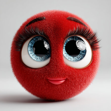 Joyful Red Furry Emoji Character with Expressive Blue Eyes, Fluffy Eyelashes, and Cute Smileの素材