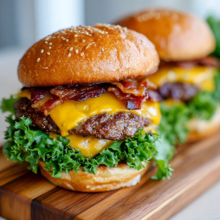 Two Delicious Cheeseburgers Topped with Bacon, Lettuce, and Cheese, Perfect for Food Photographyの素材