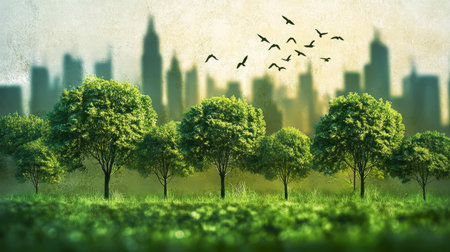 Urban Greenery Lush Trees Framing a City Skyline, Promoting Eco-Friendly Living and Sustainabilityの素材
