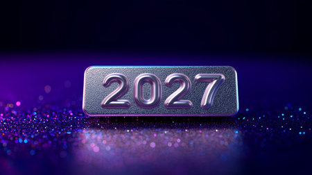 Shimmering 2027 Date Indicator in Glossy Silver on a Vibrant Violet Backdrop for Celebrationsの素材