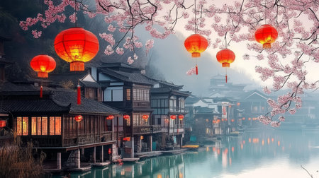 Floating Lanterns Illuminating Calm Waters, A Stunning Display of Light and Reflection at Dusk.の素材