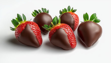 Delicious Dark Chocolate Dipped Strawberries on a Clean White Background for Any Dessert Tableの素材