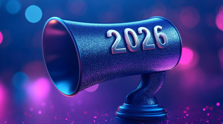 Shiny Metallic 2026 Symbol on a Sparkling Stage, Representing Innovation and Future Possibilitiesの素材