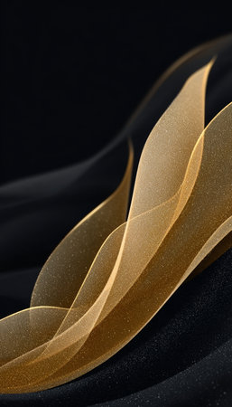 Elegant Black and Gold Abstract Design with Flowing Metallic Waves on Dark Backgroundの素材