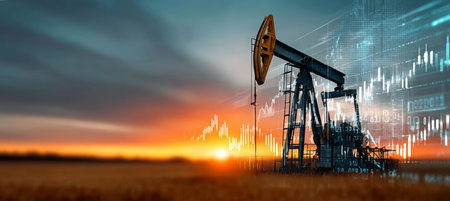 Petroleum Oil Economy Exploration at Sunset with Pumpjack and Digital Economic Graphsの素材