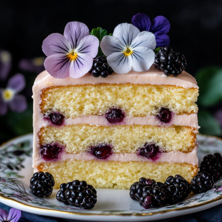 Delicious Three Layer Sponge Cake Slice with Berry Hibiscus Cream and Edible Flowers on Dishの素材