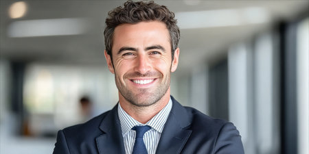 Confident businessman smiles in modern office, highlighting expertise with blurred background.の素材