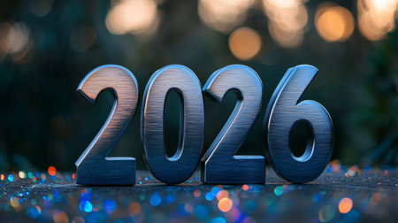 Year 2026 Brushed Silver Metallic Numbers with Twinkling Multicolored Sparkles on Slate Gray Surfaceの素材