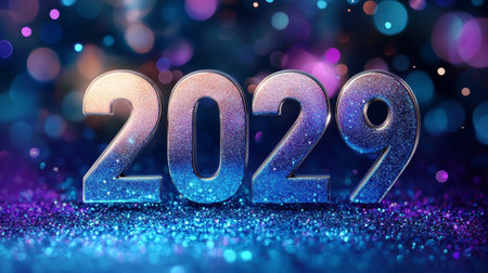 Celebrate 2029 A Shimmering Metallic Typography Design Featuring the Year with Festive Backgroundの素材