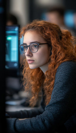 Businesswoman Working at Computer in Modern Office, Showcasing Professionalism and Technologyの素材