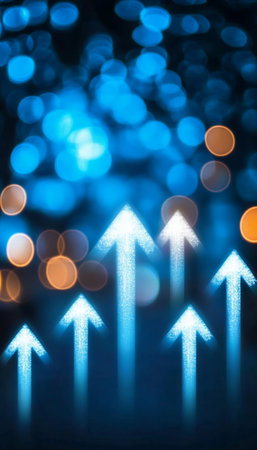 Futuristic digital display of ascending white arrows on a soft bokeh background for progress.の素材
