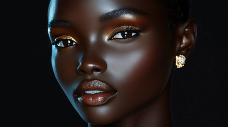 Stunning Dark-Skinned Girl in Flawless Make-Up with Luxurious Gold Accents in Artistic Portraitの素材