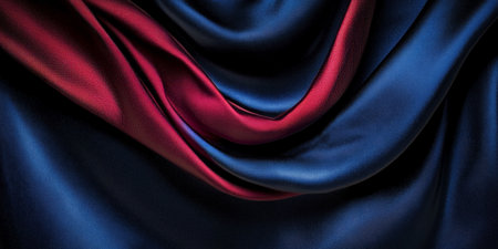 Luxurious Draped Silk Fabric in Rich Red and Deep Blue Tones Creating Stunning Abstract Curvesの素材